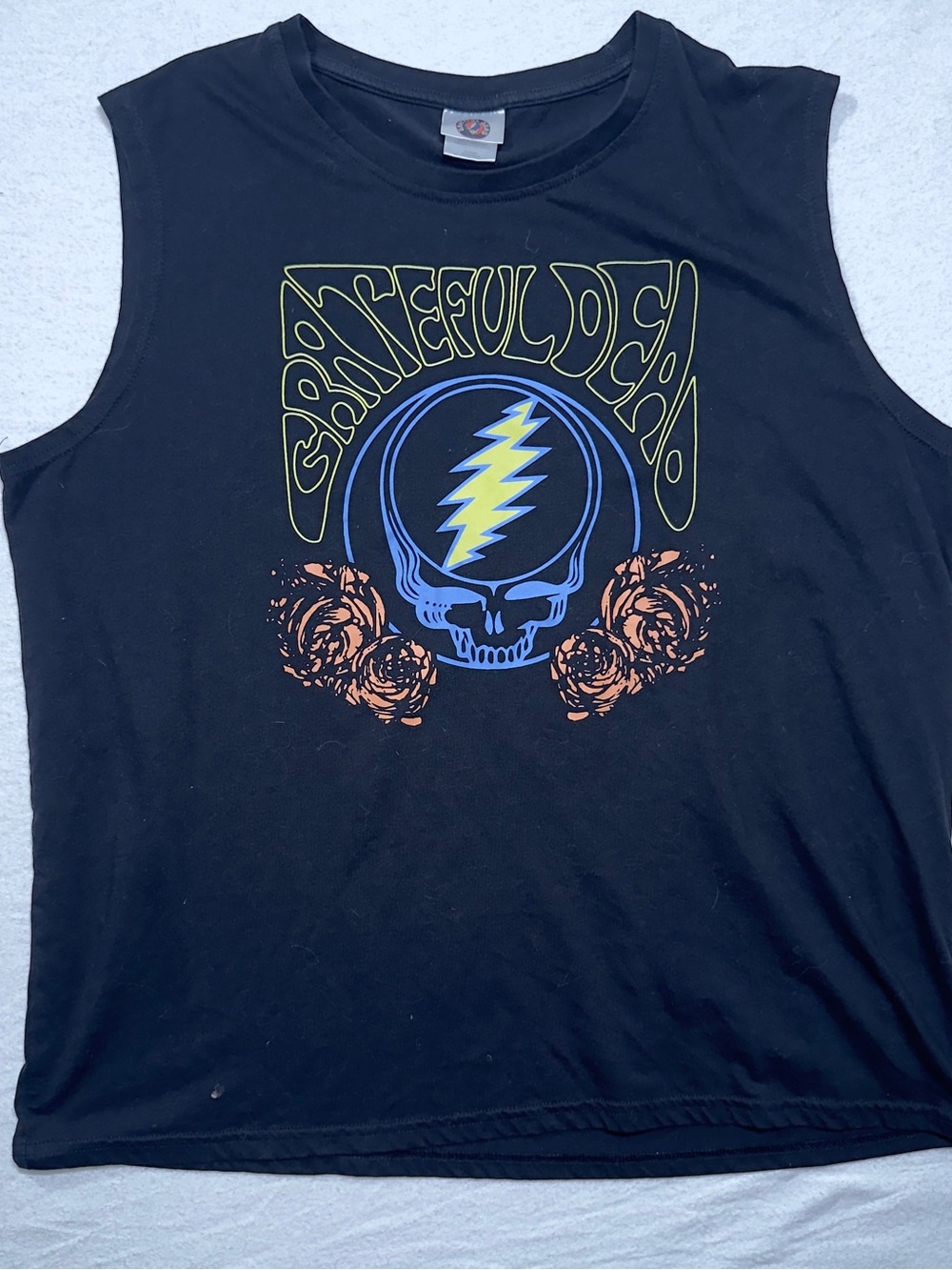 Grateful Dead Black Sleeveless Tank with Blue & Yellow Lightning Skull